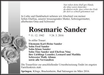 Traueranzeige von Rosemarie Sander von Südthüringer Presse
