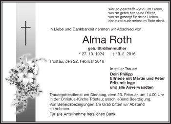 Traueranzeige von Alma Roth von Frankenpost