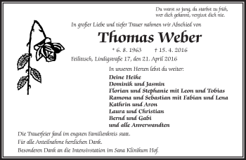 Traueranzeige von Thomas Weber von Frankenpost