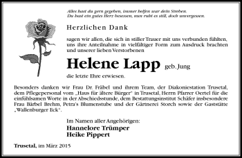 Traueranzeige von Helene Lapp von Südthüringer Presse