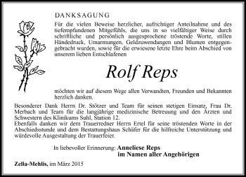 Traueranzeige von Rolf Reps von Südthüringer Presse