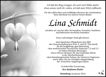 Traueranzeige von Lina Schmidt von Südthüringer Presse
