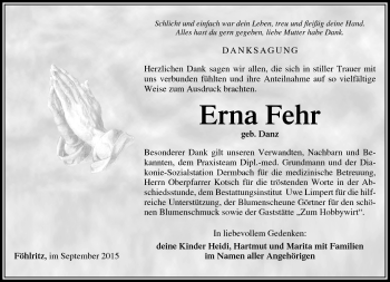 Traueranzeige von Erna Fehr von Südthüringer Presse
