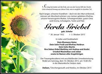 Traueranzeige von Gerda Griebel von Südthüringer Presse