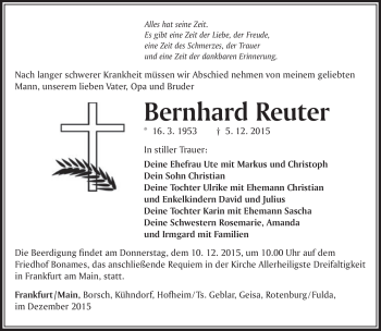Traueranzeige von Bernhard Reuter von Südthüringer Presse
