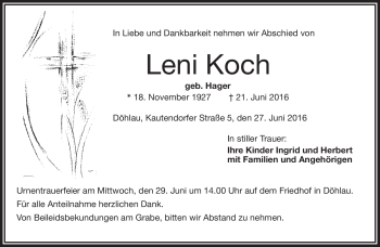 Traueranzeige von Leni Koch von Frankenpost