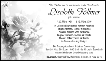 Traueranzeige von Liselotte Köllmer von Südthüringer Presse
