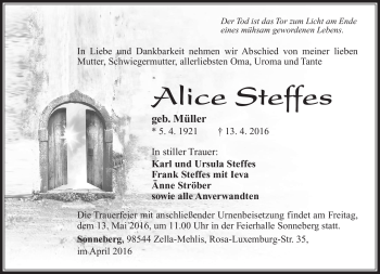 Traueranzeige von Alice Steffes von Südthüringer Presse