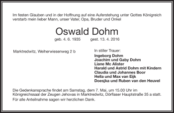 Traueranzeige von Oswald Dohm von Frankenpost