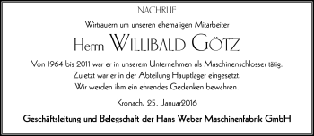 Traueranzeige von Willibald Götz von Neue Presse Coburg