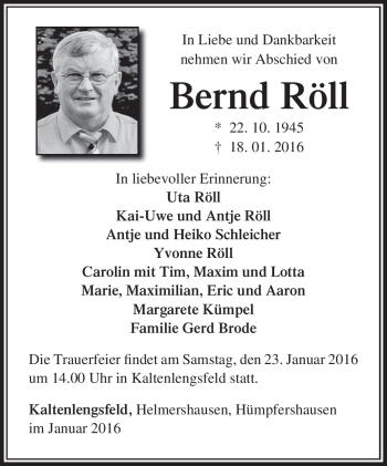 Traueranzeige von Bernd Röll von Südthüringer Presse