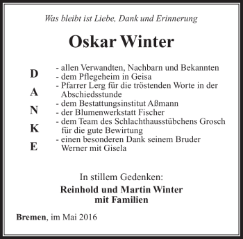 Traueranzeige von Oskar Winter von Südthüringer Presse