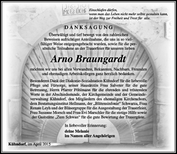 Traueranzeige von Arno Braungardt von Südthüringer Presse