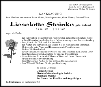 Traueranzeige von Lieselotte Steinke von Südthüringer Presse
