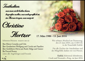 Traueranzeige von Christine Hertzer von Südthüringer Presse