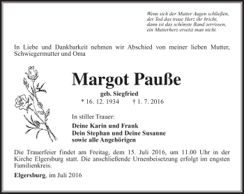 Traueranzeige von Margot Pauße von Südthüringer Presse