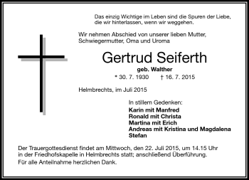 Traueranzeige von Gertrud Seiferth von Frankenpost
