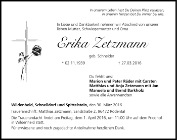 Traueranzeige von Erika Zetzmann von Neue Presse Coburg