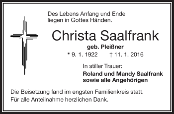 Traueranzeige von Christa Saalfrank von Frankenpost