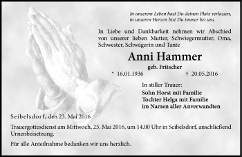 Traueranzeige von Anni Hammer von Neue Presse Coburg