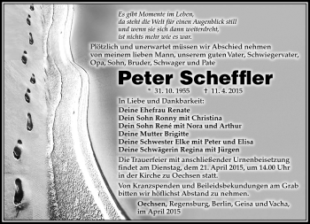 Traueranzeige von Peter Scheffler von Südthüringer Presse