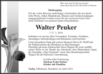 Traueranzeige von Walter Peuker von Südthüringer Presse