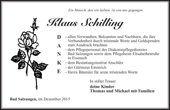 Traueranzeige von Klaus Schilling von Südthüringer Presse