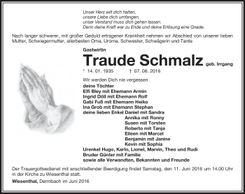 Traueranzeige von Traude Schmalz von Südthüringer Presse