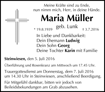 Traueranzeige von Maria Müller von Neue Presse Coburg