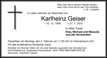 Traueranzeige von Karlheinz Geiser von Frankenpost