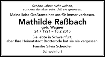 Traueranzeige von Mathilde Raßbach von Südthüringer Presse