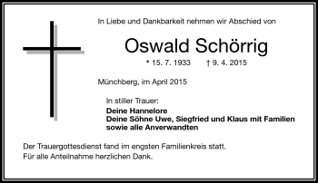 Traueranzeige von Oswald Schörrig von Frankenpost