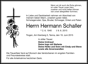 Traueranzeige von Hermann Schaller von Frankenpost