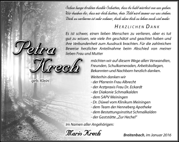 Traueranzeige von Petra Krech von Südthüringer Presse