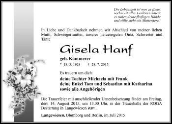 Traueranzeige von Gisela Hanf von Südthüringer Presse