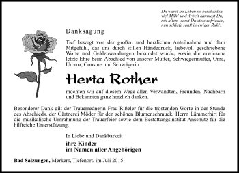 Traueranzeige von Herta Rother von Südthüringer Presse