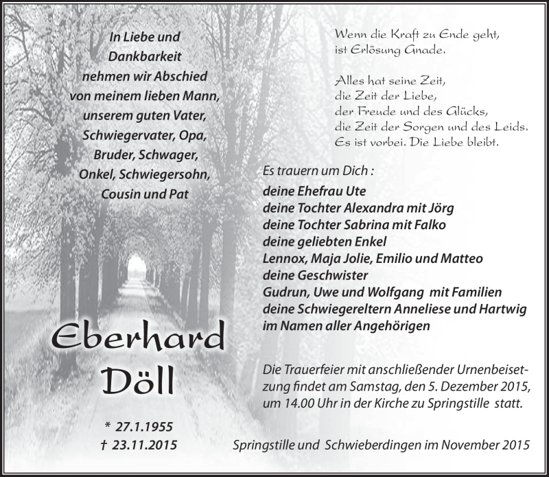  Traueranzeige für Eberhard Döll vom 01.12.2015 aus Südthüringer Presse