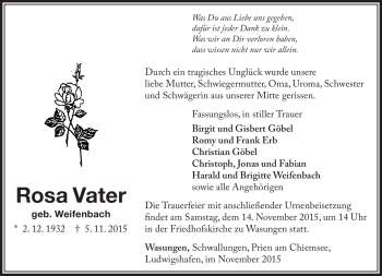 Traueranzeige von Rosa Vater von Südthüringer Presse
