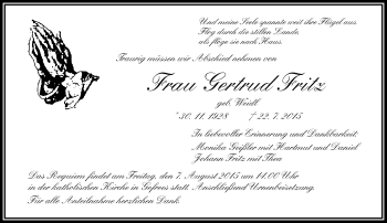 Traueranzeige von Gertrud Fritz von Frankenpost