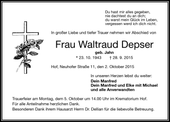 Traueranzeige von Waltraud Depser von Frankenpost