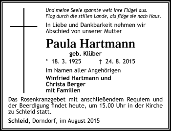 Traueranzeige von Paula Hartmann von Südthüringer Presse