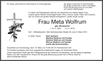 Traueranzeige von Meta Wolfrum von Frankenpost