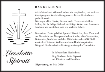 Traueranzeige von Lieselotte Siptrott von Südthüringer Presse