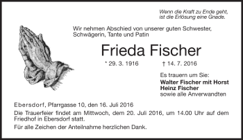 Traueranzeige von Frieda Fischer von Neue Presse Coburg