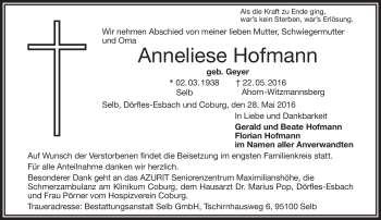 Traueranzeige von Anneliese Hofmann von Frankenpost