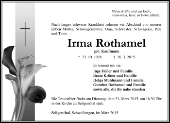 Traueranzeige von Irma Rothamel von Südthüringer Presse