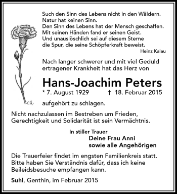Traueranzeige von Hans-Joachim Peters von Südthüringer Presse