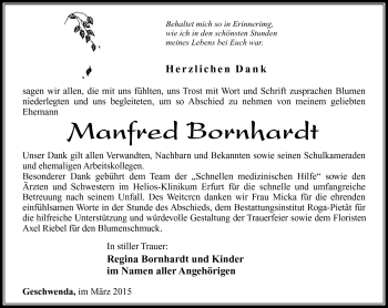 Traueranzeige von Manfred Bornhardt von Südthüringer Presse