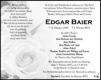 Traueranzeige von Edgar Baier von Südthüringer Presse