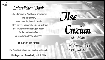 Traueranzeige von Ilse Enzian von Südthüringer Presse